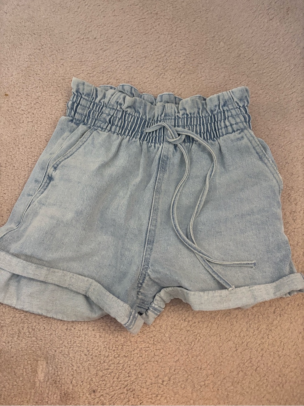refuge Light Blue Paperbag Waist Denim Shorts